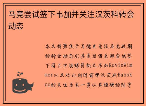 马竞尝试签下韦加并关注汉茨科转会动态