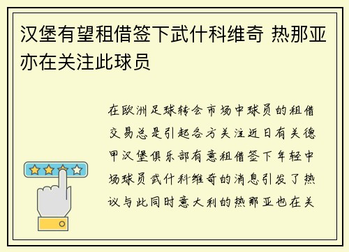 汉堡有望租借签下武什科维奇 热那亚亦在关注此球员