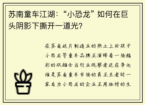苏南童车江湖:“小恐龙” 如何在巨头阴影下撕开一道光?