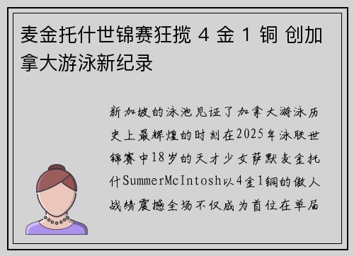 麦金托什世锦赛狂揽 4 金 1 铜 创加拿大游泳新纪录