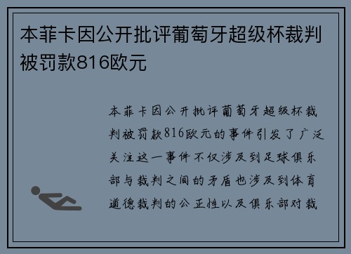 本菲卡因公开批评葡萄牙超级杯裁判被罚款816欧元